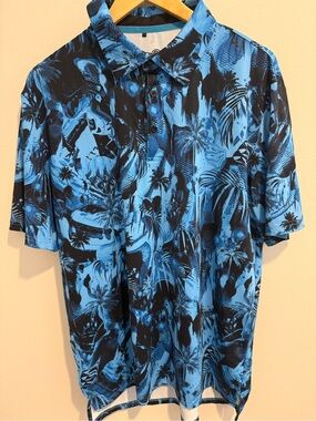 Scales Golf Polo Shirt Blue Tropical Performance Stretch Size L Beach Luau